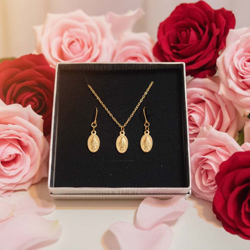 Miraculous Medal Necklace and Earrings Set in Gold Stainless Steel