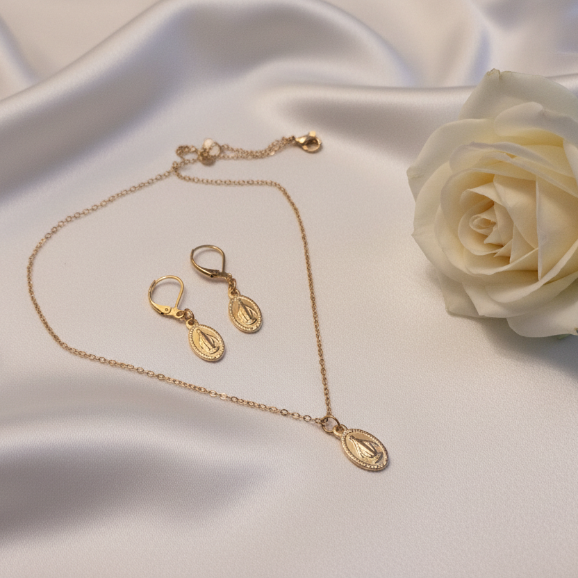 Miraculous Medal Necklace and Earrings Set in Gold Stainless Steel
