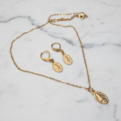Miraculous Medal Necklace and Earrings Set in Gold Stainless Steel