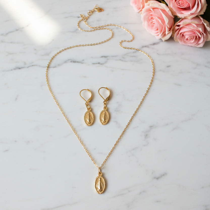 Miraculous Medal Necklace and Earrings Set in Gold Stainless Steel
