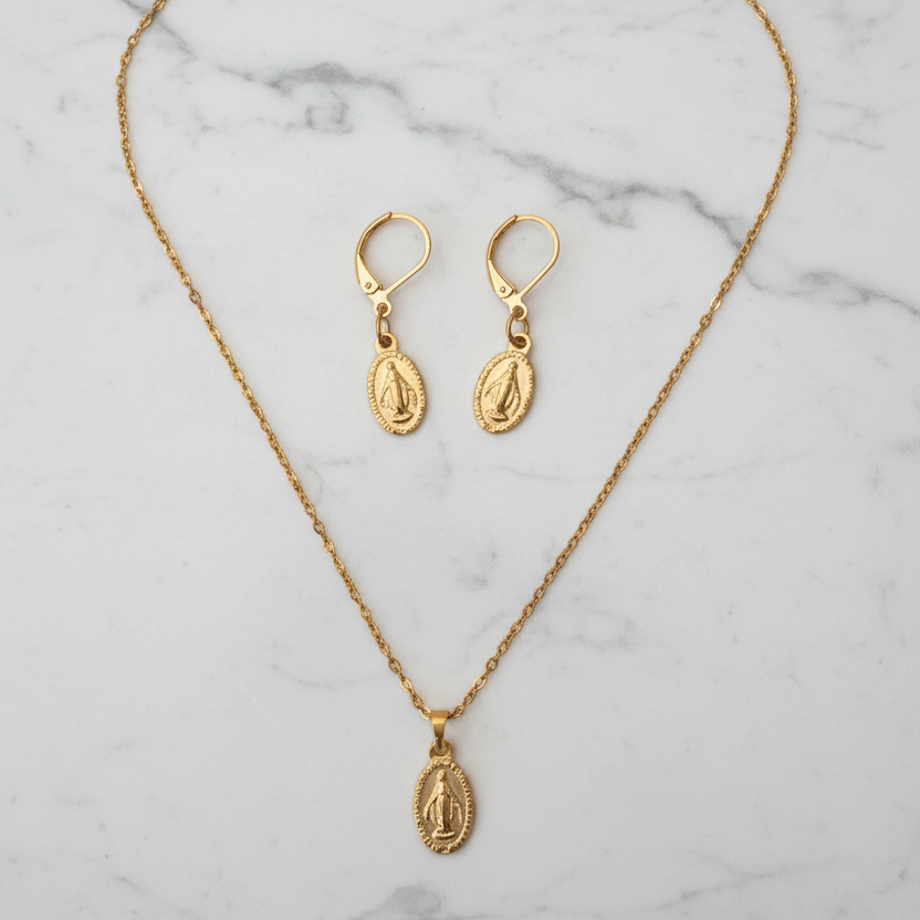 Miraculous Medal Necklace and Earrings Set in Gold Stainless Steel