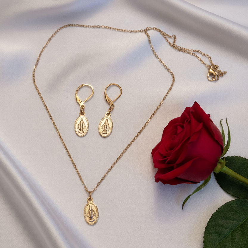 Miraculous Medal Necklace and Earrings Set in Gold Stainless Steel