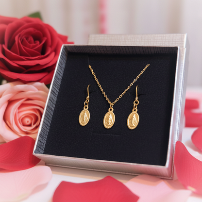 Miraculous Medal Necklace and Earrings Set in Gold Stainless Steel