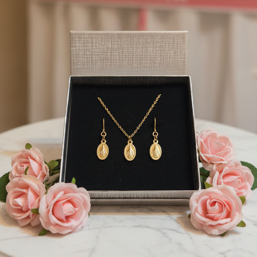 Miraculous Medal Necklace and Earrings Set in Gold Stainless Steel