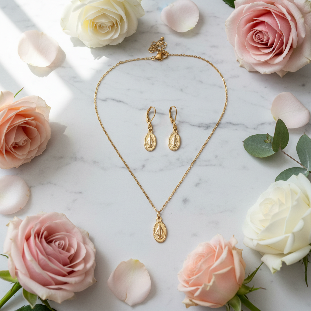 Miraculous Medal Necklace and Earrings Set in Gold Stainless Steel
