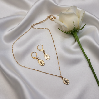 Miraculous Medal Necklace and Earrings Set in Gold Stainless Steel