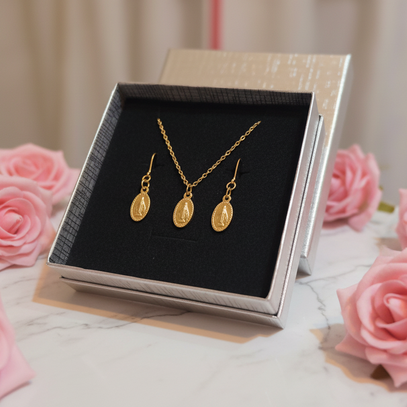 Miraculous Medal Necklace and Earrings Set in Gold Stainless Steel