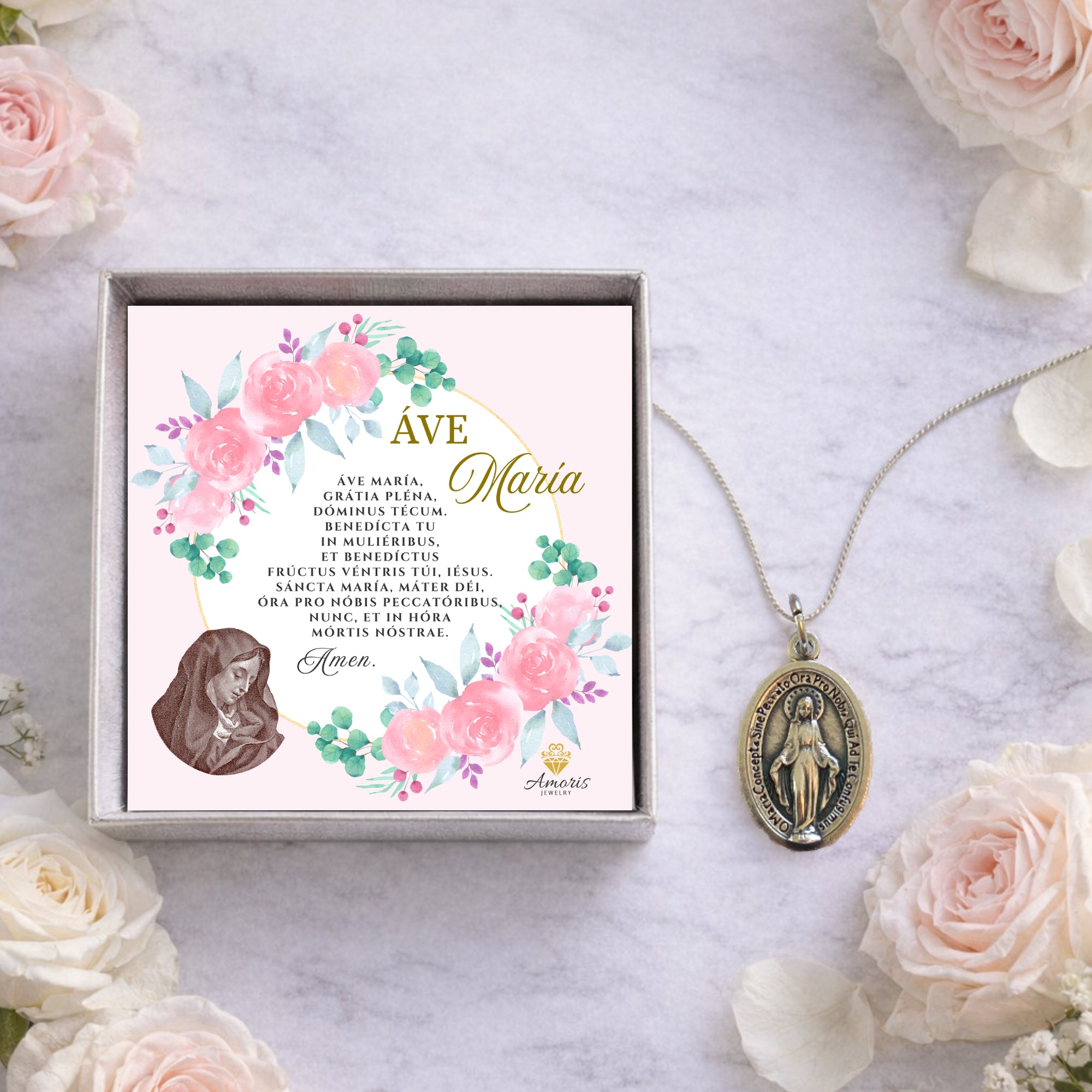 Miraculous Medal Necklace with Hail Mary Prayer Card in ENGLISH, SPANISH or LATIN