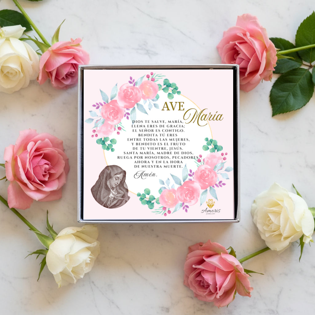 Miraculous Medal Necklace with Hail Mary Prayer Card in ENGLISH, SPANISH or LATIN