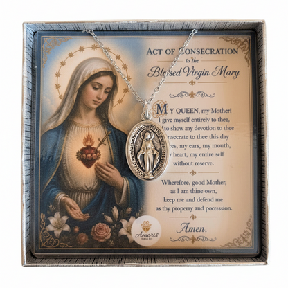 Miraculous Medal Necklace with Marian Consecration Prayer Card in ENGLISH or SPANISH