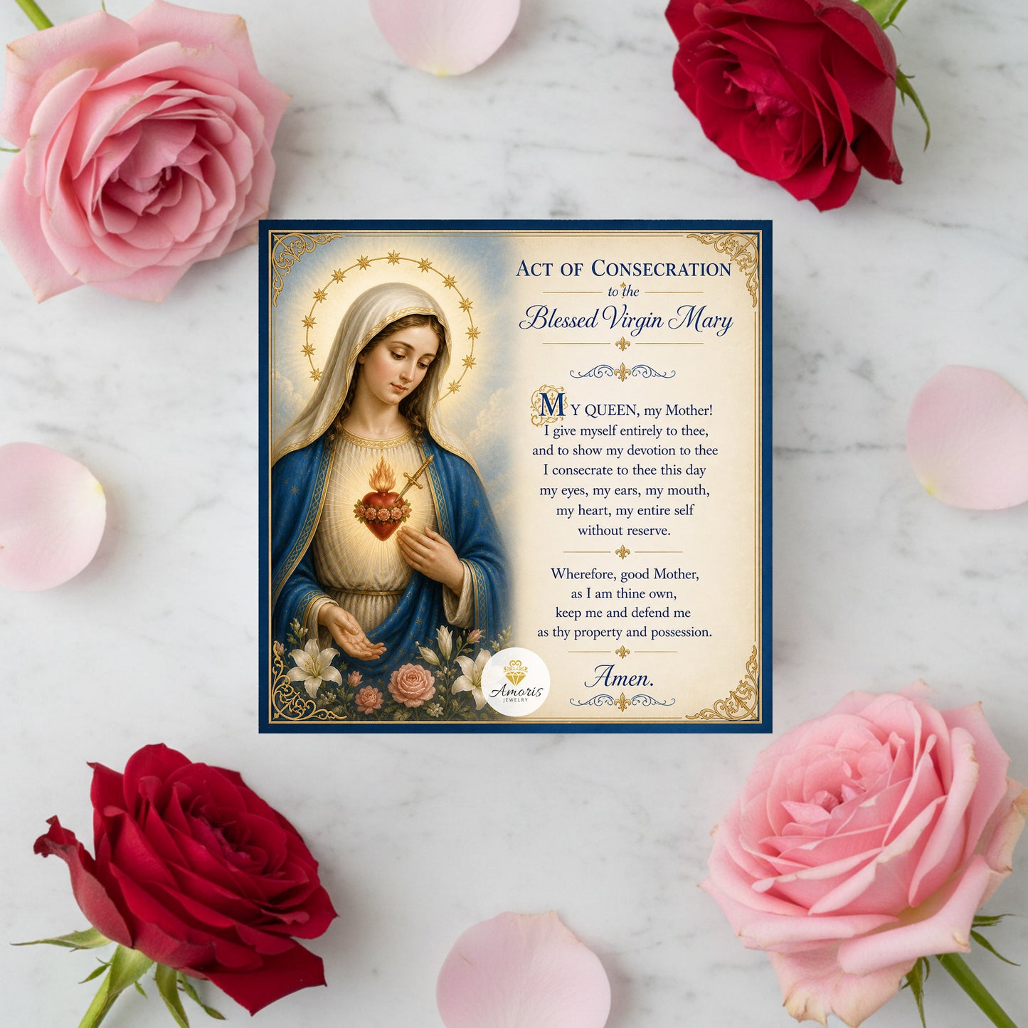 Miraculous Medal Necklace with Marian Consecration Prayer Card in ENGLISH or SPANISH