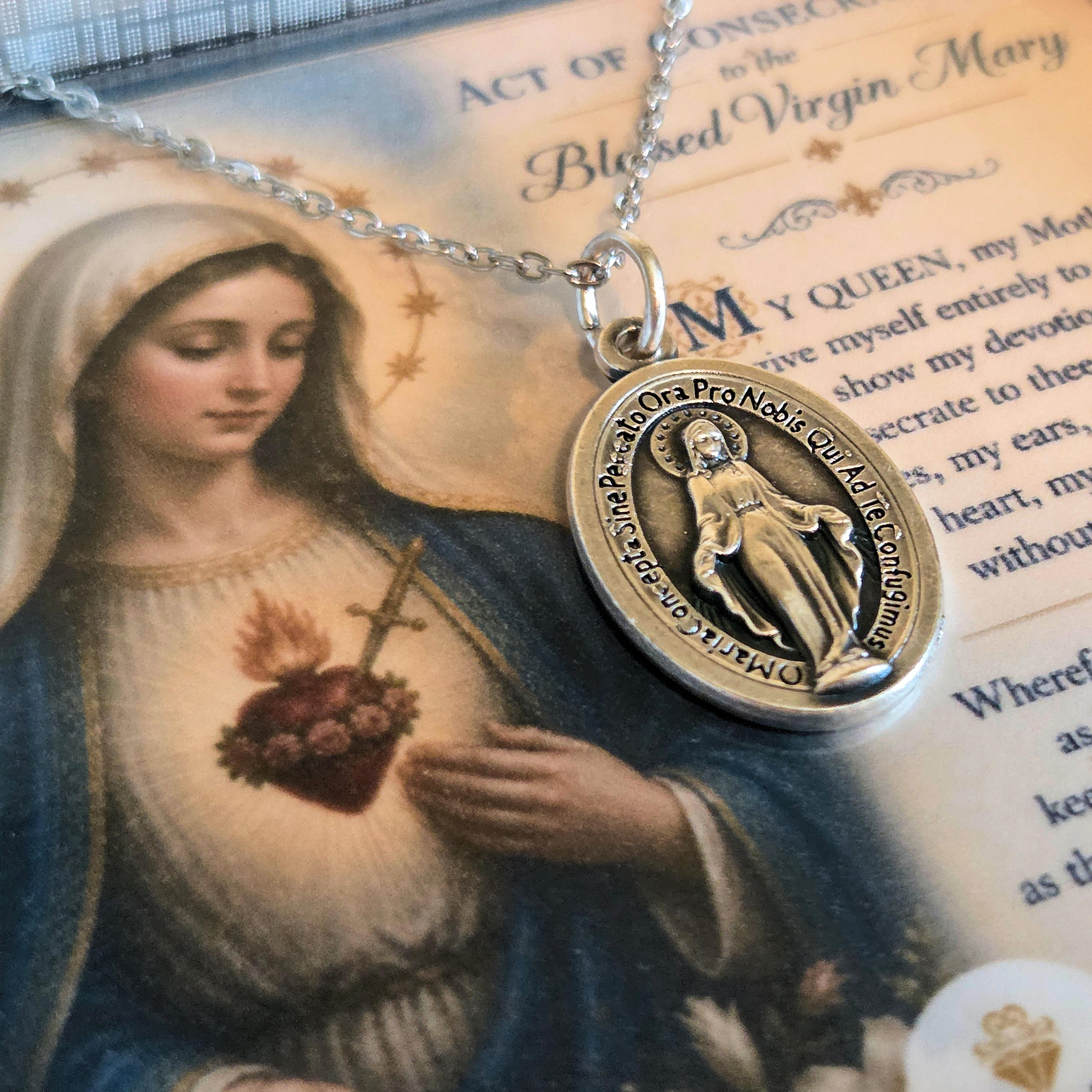 Miraculous Medal Necklace with Marian Consecration Prayer Card in ENGLISH or SPANISH