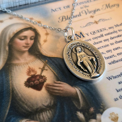 Miraculous Medal Necklace with Marian Consecration Prayer Card in ENGLISH or SPANISH