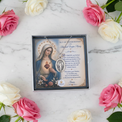 Miraculous Medal Necklace with Marian Consecration Prayer Card in ENGLISH or SPANISH
