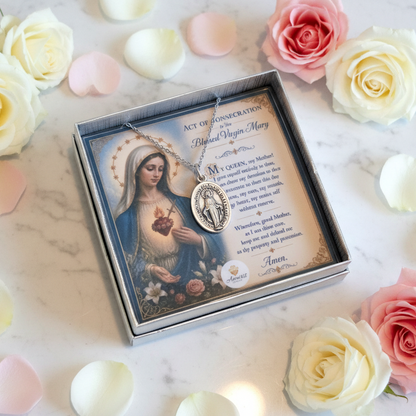 Miraculous Medal Necklace with Marian Consecration Prayer Card in ENGLISH or SPANISH