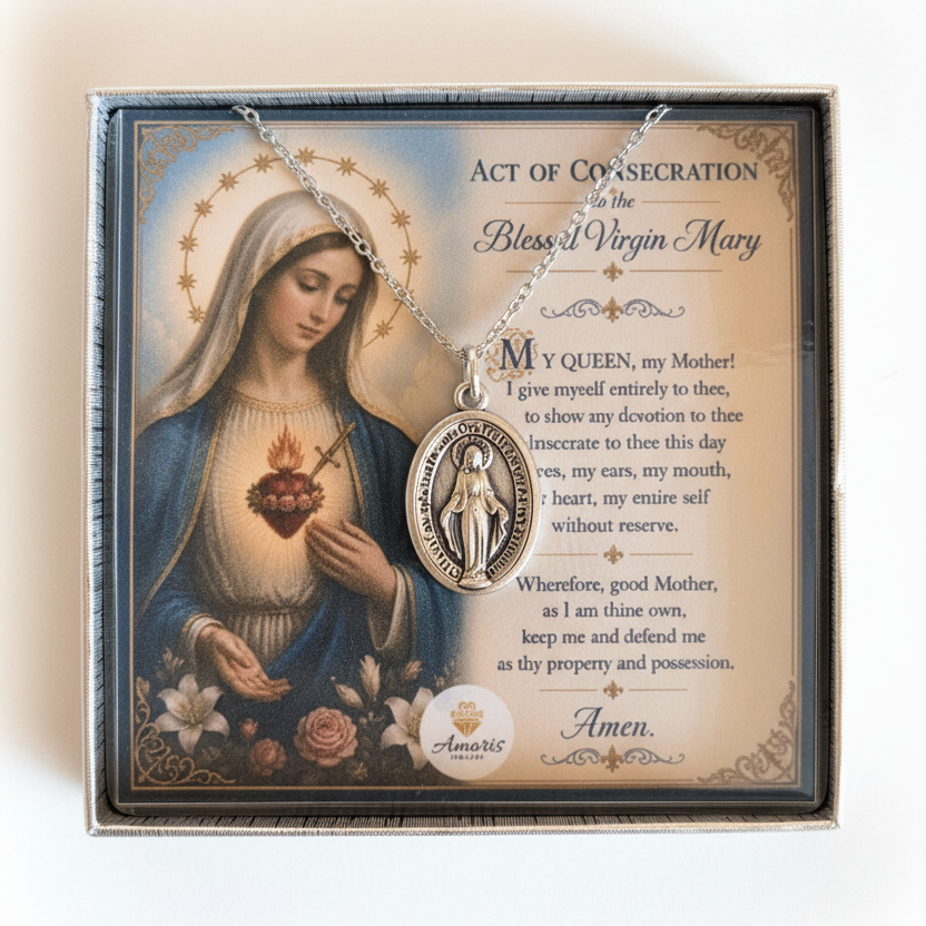 Miraculous Medal Necklace with Marian Consecration Prayer Card in ENGLISH or SPANISH