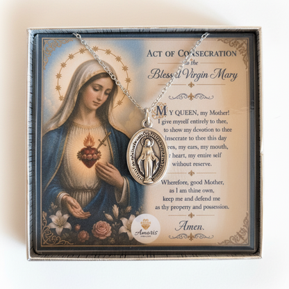 Miraculous Medal Necklace with Marian Consecration Prayer Card in ENGLISH or SPANISH
