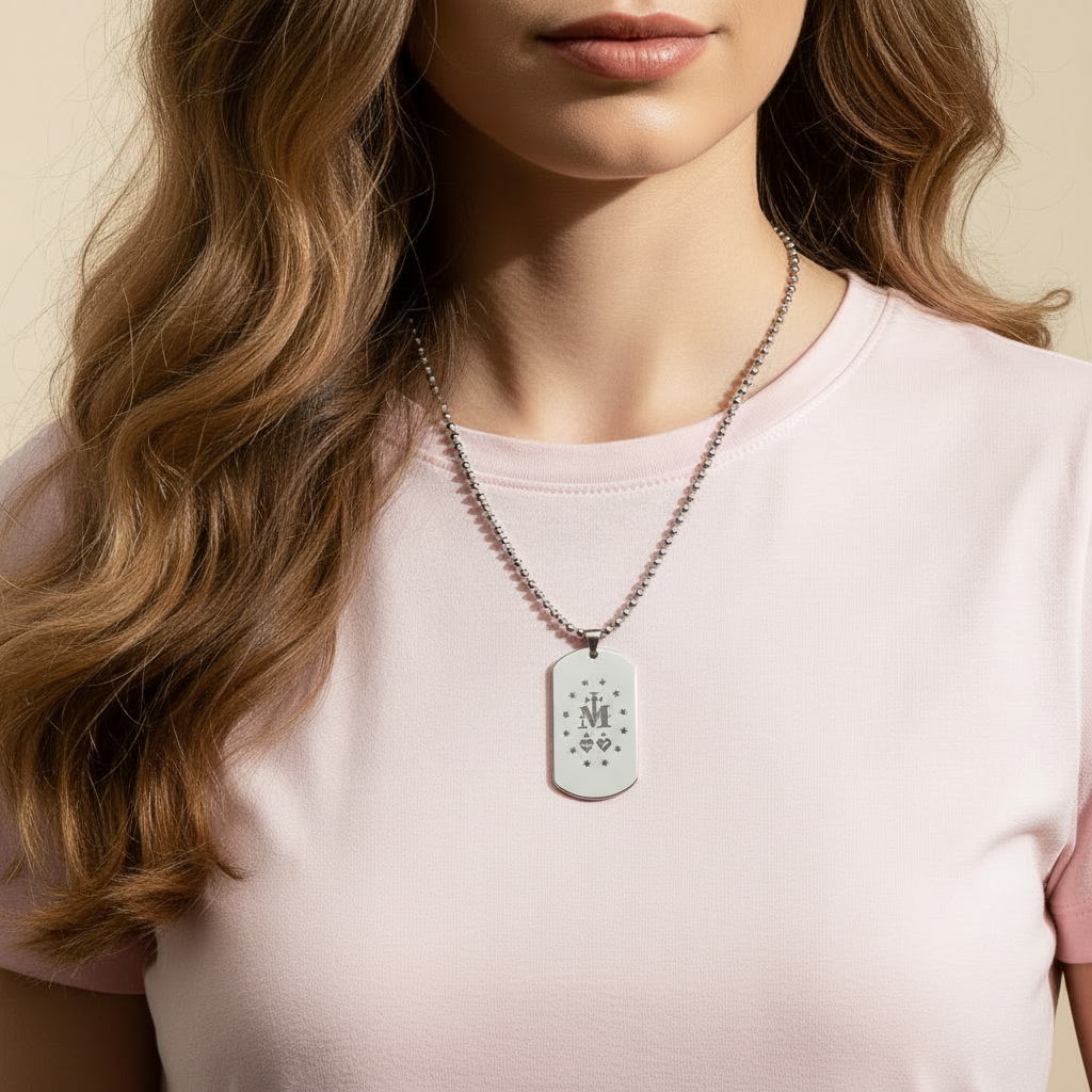Miraculous Medal Verso Tag Necklace with Personalized Engraving