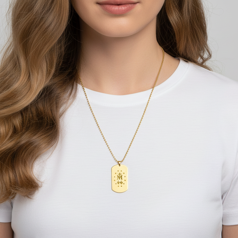Miraculous Medal Verso Tag Necklace with Personalized Engraving