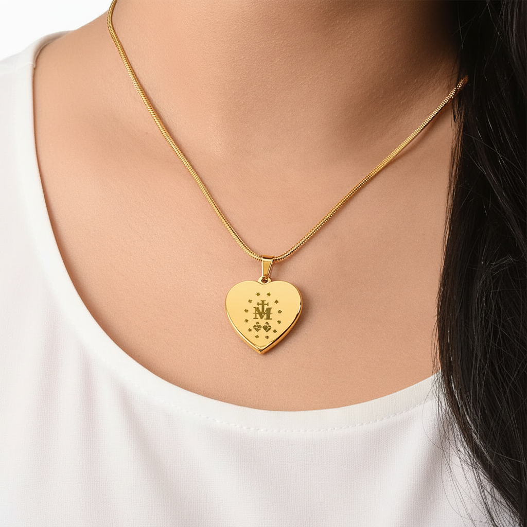 Miraculous Medal Verso Heart Necklace with Personalized Engraving