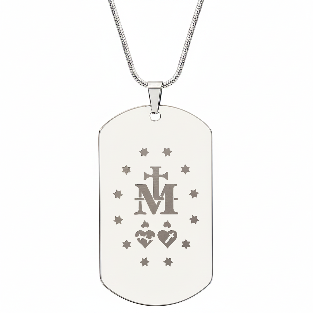 Miraculous Medal Verso Tag Necklace with Personalized Custom Engraving