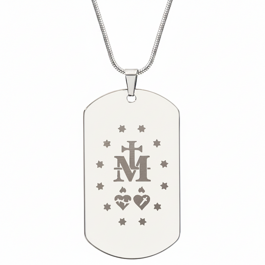 Miraculous Medal Verso Tag Necklace with Personalized Custom Engraving