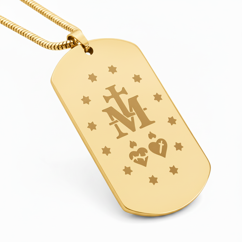 Miraculous Medal Verso Tag Necklace with Personalized Custom Engraving