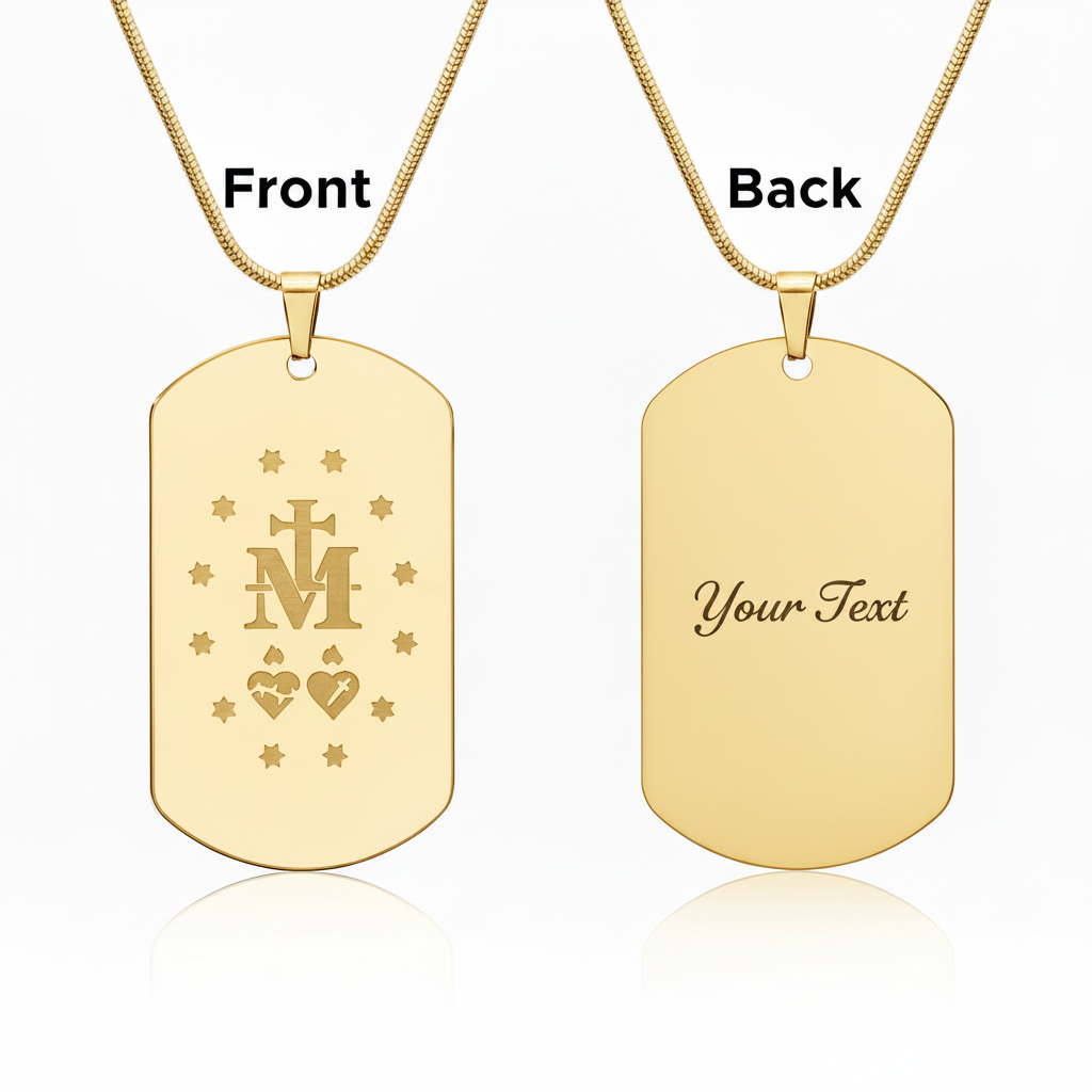 Miraculous Medal Verso Tag Necklace with Personalized Custom Engraving