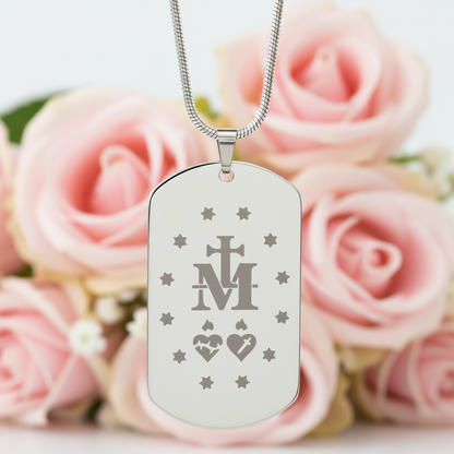 Miraculous Medal Verso Tag Necklace with Personalized Custom Engraving