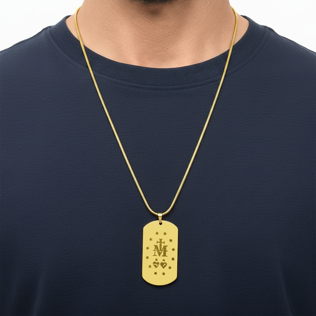 Miraculous Medal Verso Tag Necklace with Personalized Custom Engraving