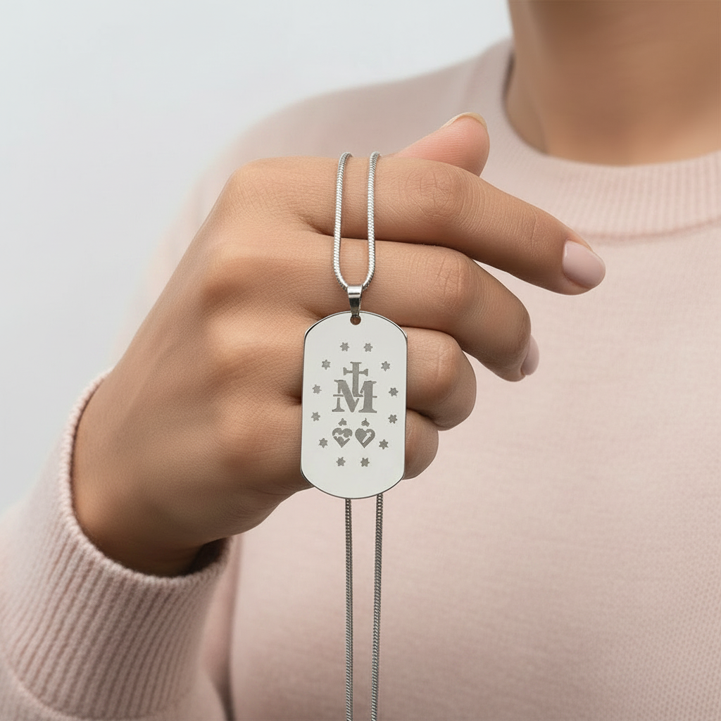 Miraculous Medal Verso Tag Necklace with Personalized Custom Engraving