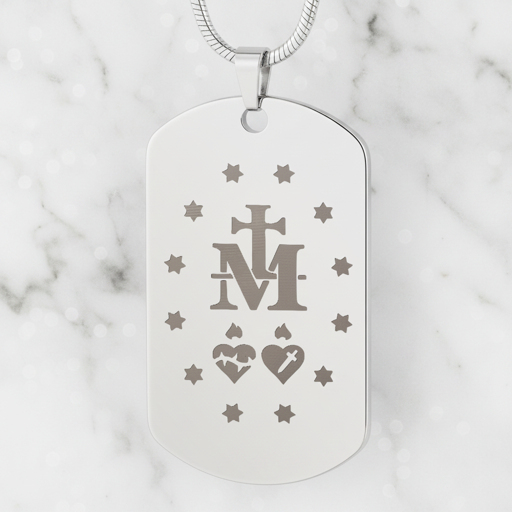 Miraculous Medal Verso Tag Necklace with Personalized Custom Engraving