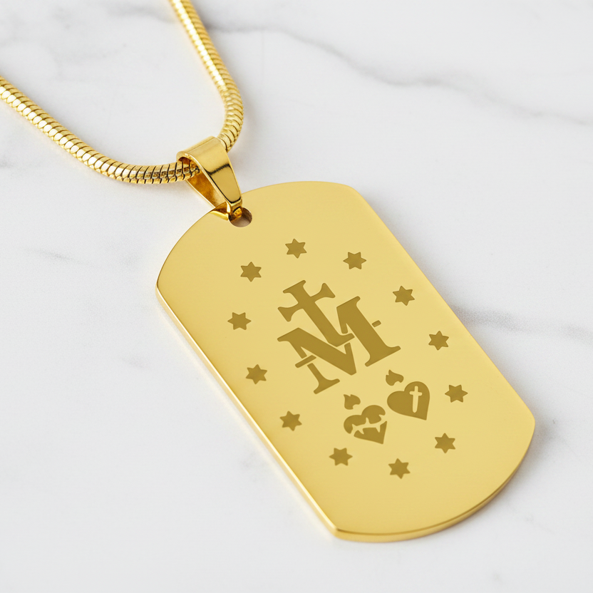 Miraculous Medal Verso Tag Necklace with Personalized Custom Engraving
