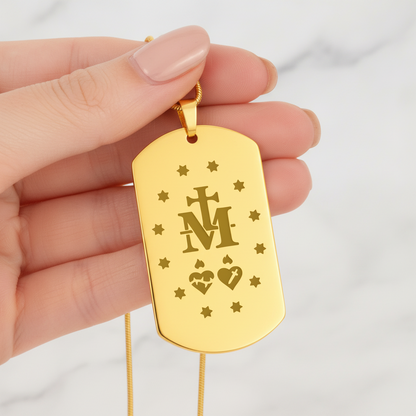 Miraculous Medal Verso Tag Necklace with Personalized Custom Engraving