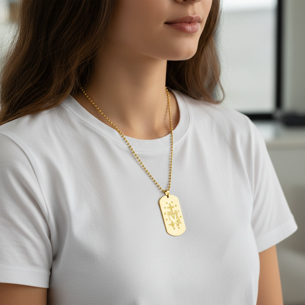 Miraculous Medal Artistic Verso Tag Necklace with Personalized Engraving