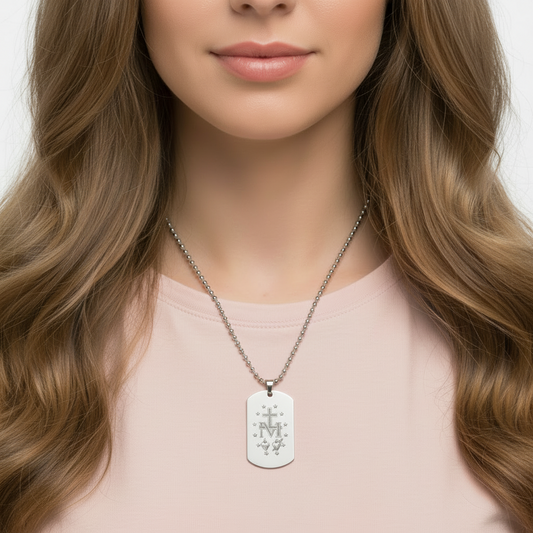 Miraculous Medal Verso Tag Necklace with Personalized Engraving