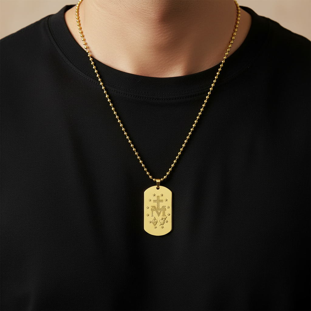 Miraculous Medal Artistic Verso Tag Necklace with Personalized Engraving