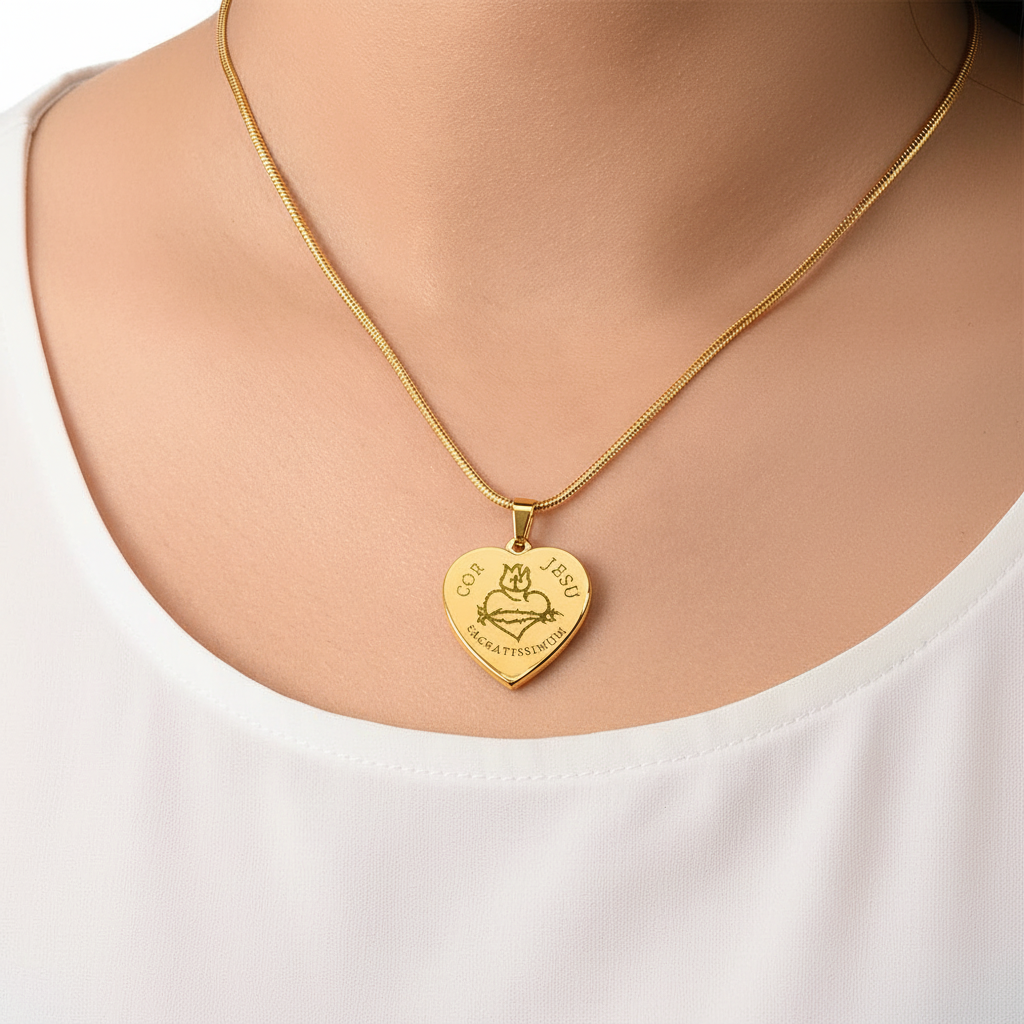 Most Sacred Heart of Jesus Heart Necklace with Personalized Engraving