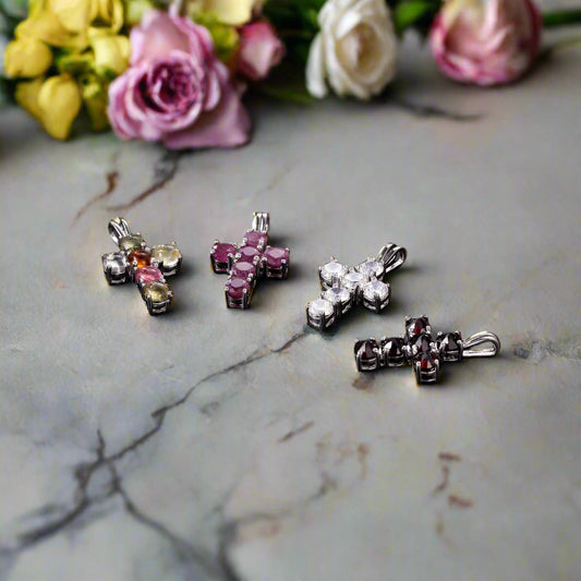 GRACE Round Gemstone Cross Pendant Necklace in Sterling Silver
