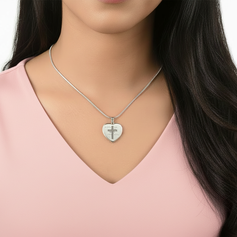 "O Crux ave, spes unica" Cross Heart Necklace with Personalized Engraving