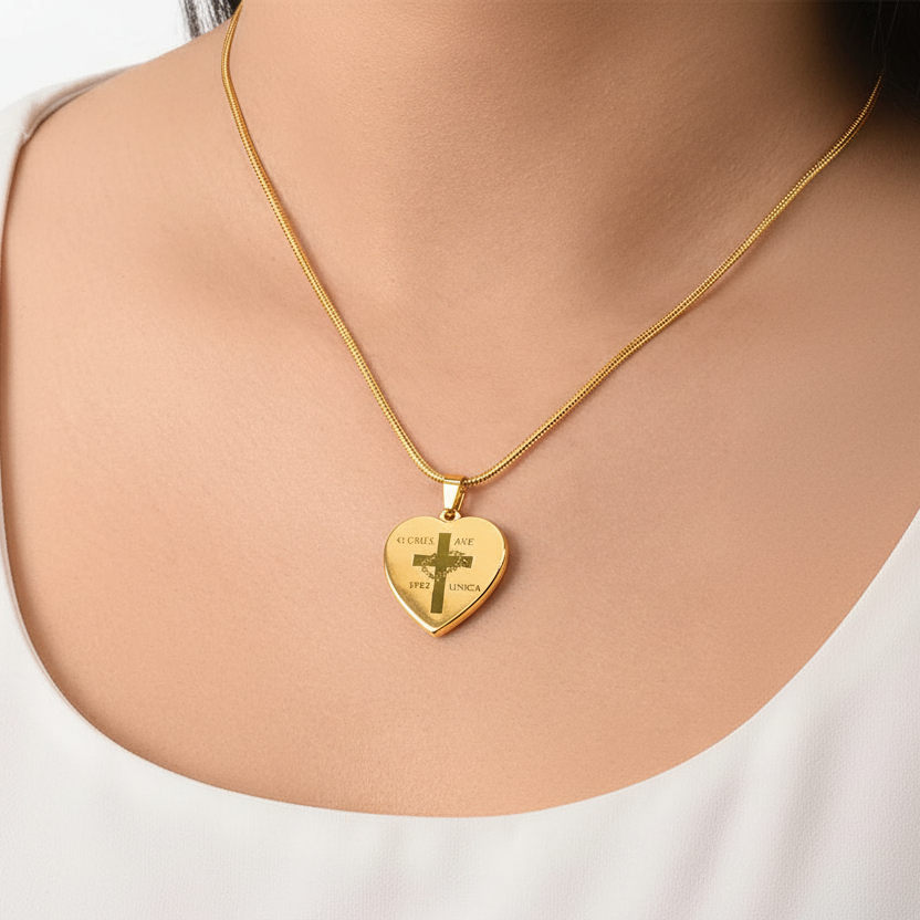 O Crux ave, spes unica Cross Heart Necklace with Personalized Engraving