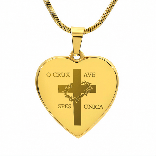 "O Crux ave, spes unica" Cross Heart Necklace with Personalized Engraving