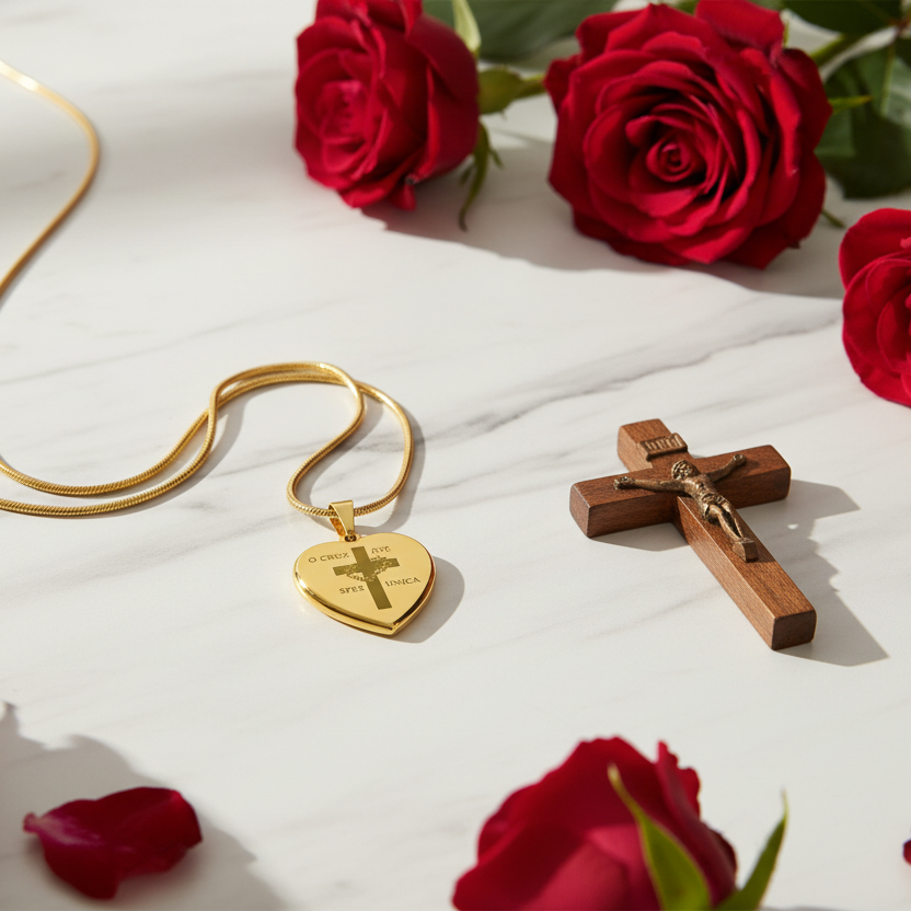 "O Crux ave, spes unica" Cross Heart Necklace with Personalized Engraving