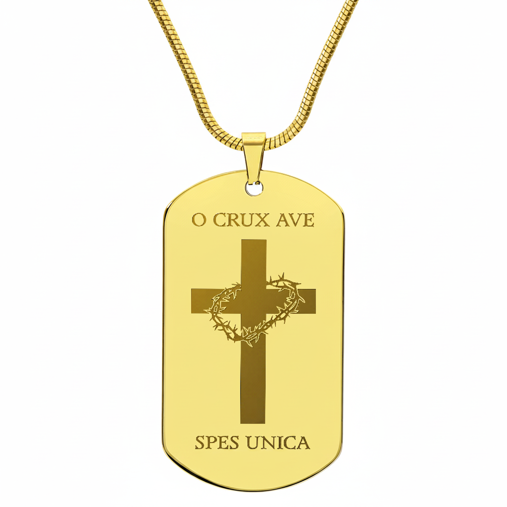 O Crux ave, spes unica Cross Tag Necklace with Personalized Custom Engraving