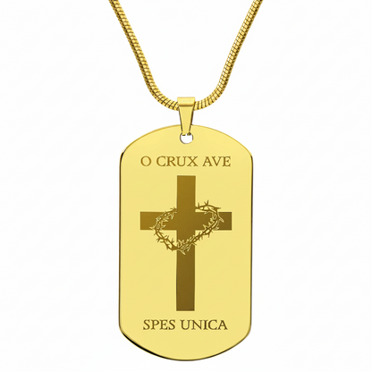 O Crux ave, spes unica Cross Tag Necklace with Personalized Custom Engraving