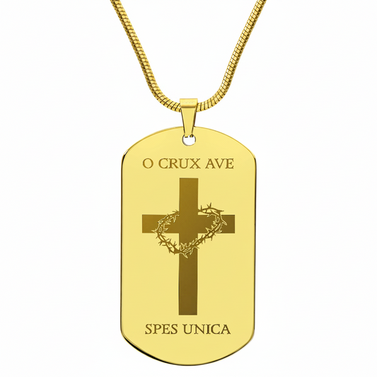 O Crux ave, spes unica Cross Tag Necklace with Personalized Custom Engraving