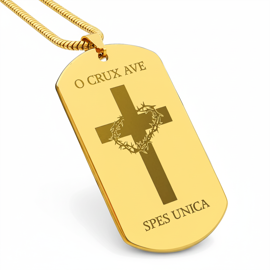 O Crux ave, spes unica Cross Tag Necklace with Personalized Custom Engraving