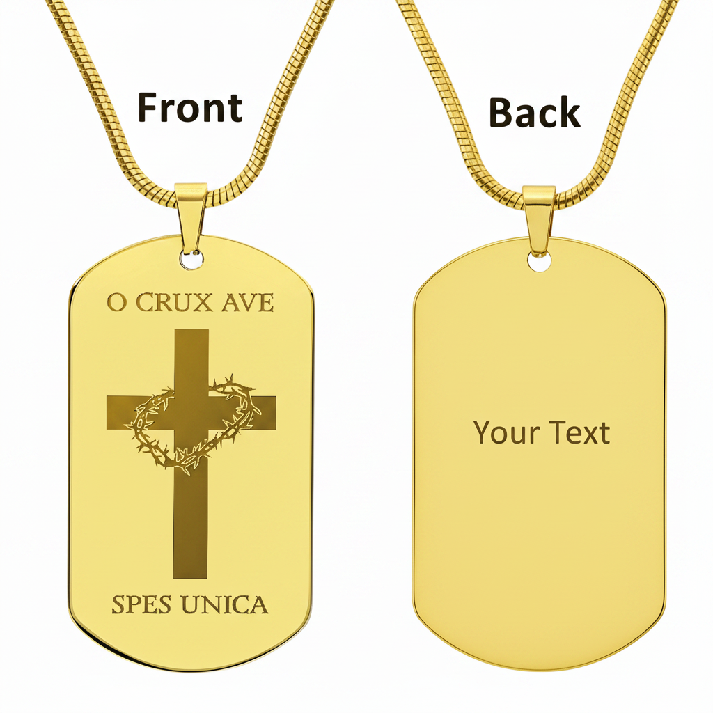 O Crux ave, spes unica Cross Tag Necklace with Personalized Custom Engraving