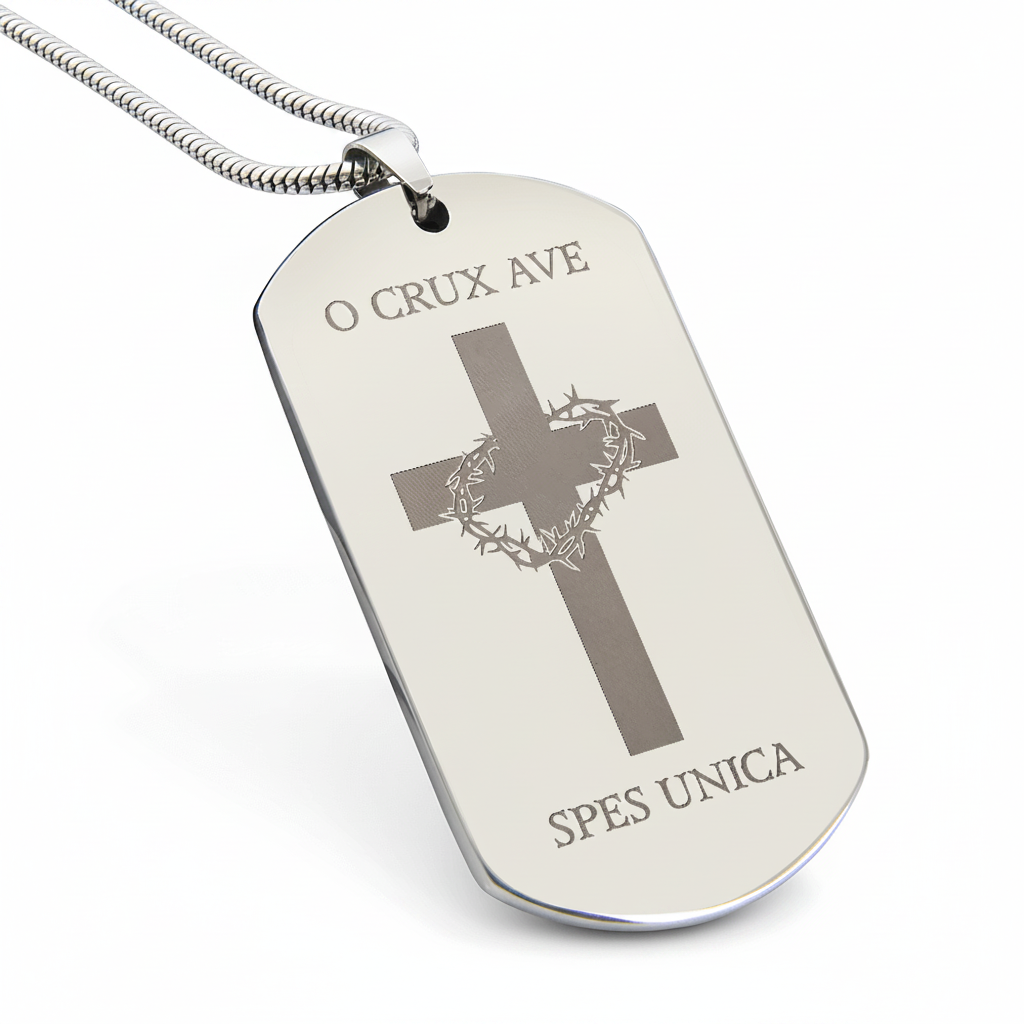 O Crux ave, spes unica Cross Tag Necklace with Personalized Custom Engraving