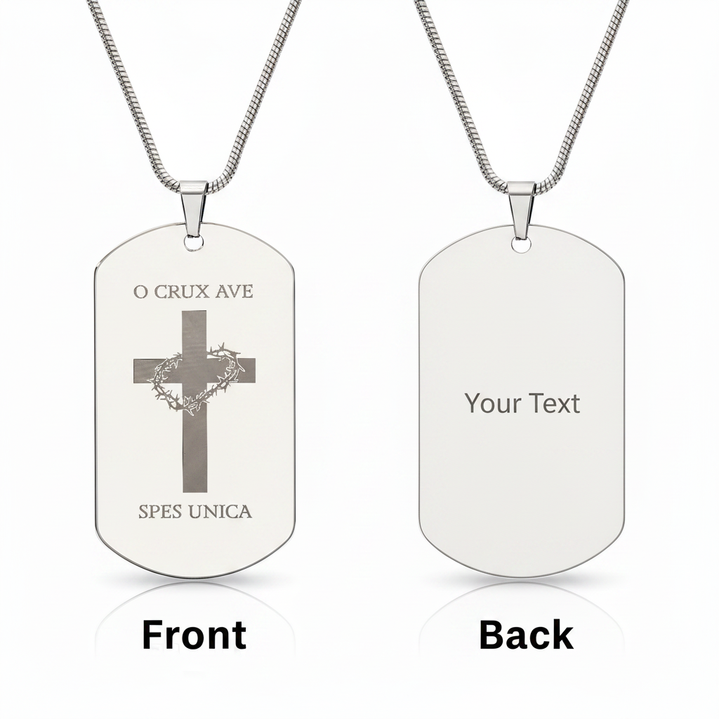 O Crux ave, spes unica Cross Tag Necklace with Personalized Custom Engraving